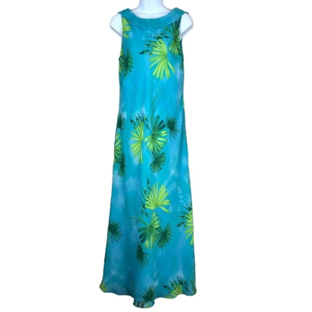 Donna Rico New York Blue Floral Palm Leaf Maxi Dress